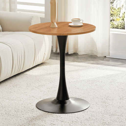 Mesa auxiliar redonda 60 cm - MDF com acabamento em madeira, termoformada, pé preto - PretoMadeira