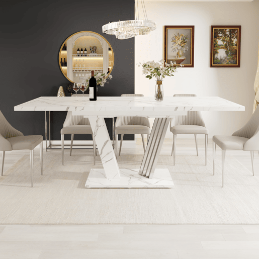 Mesa extensível com tampo em mármore 120-160x80x76 cm - Mesa de cozinha com tampo extensível e pernas em forma de borboleta - Branca