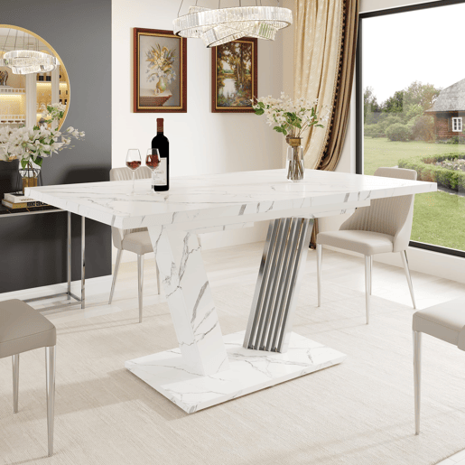 Mesa extensível com tampo em mármore 120-160x80x76 cm - Mesa de cozinha com tampo extensível e pernas em forma de borboleta - Branca