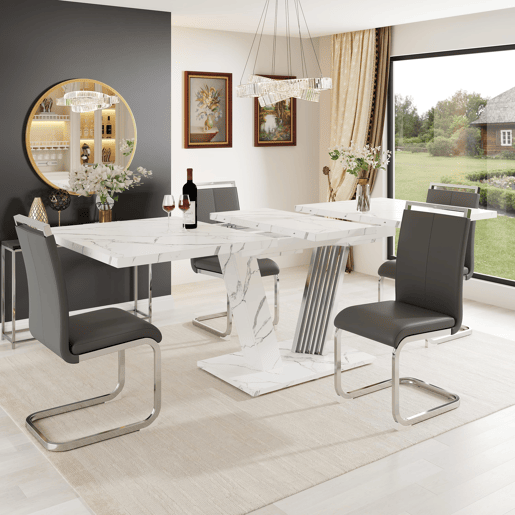 Mesa extensível com tampo em mármore 120-160x80x76 cm - Mesa de cozinha com tampo extensível e pernas em forma de borboleta - Branca