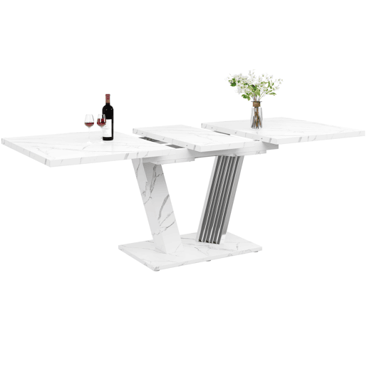 Mesa extensível com tampo em mármore 120-160x80x76 cm - Mesa de cozinha com tampo extensível e pernas em forma de borboleta - Branca