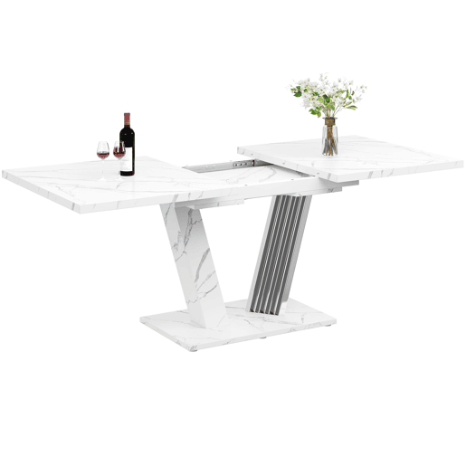 Mesa extensível com tampo em mármore 120-160x80x76 cm - Mesa de cozinha com tampo extensível e pernas em forma de borboleta - Branca
