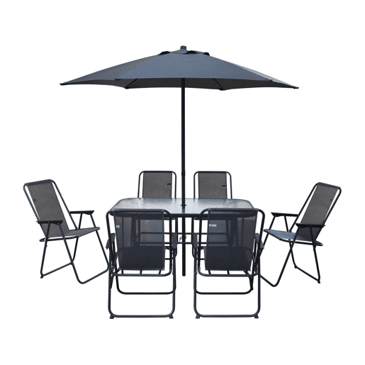 Mesa e cadeiras de jardim em metal Convivia com guarda-sol - 6 lugares - Cinzento antracite