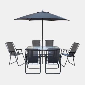 Mesa e cadeiras de jardim em metal Convivia com guarda-sol - 6 lugares - Cinzento antracite
