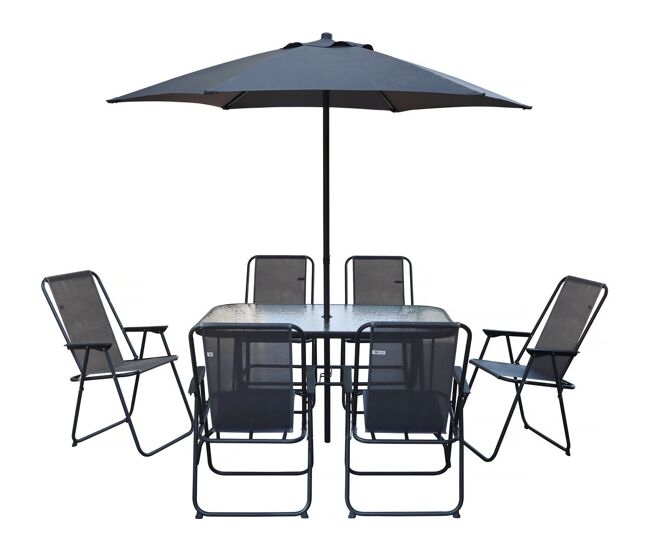 Mesa y sillas de jardín de metal "convivia" con parasol - 6 plazas - gris antracita