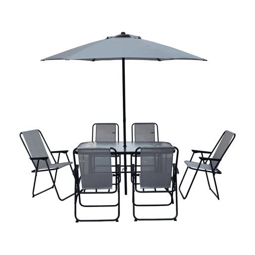 Mesa e cadeiras de jardim em metal Convivia com guarda-sol - 6 lugares - Cinzento claro