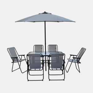 Mesa e cadeiras de jardim em metal Convivia com guarda-sol - 6 lugares - Cinzento claro