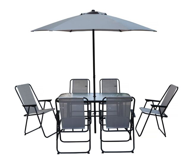 Mesa y sillas de jardín de metal "convivia" con parasol - 6 plazas - gris claro