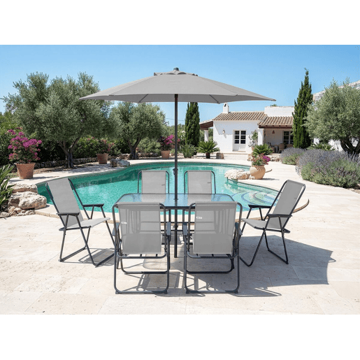 Mesa e cadeiras de jardim em metal Convivia com guarda-sol - 6 lugares - Cinzento claro