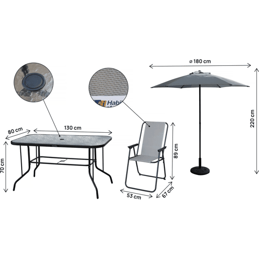 Mesa e cadeiras de jardim em metal Convivia com guarda-sol - 6 lugares - Cinzento claro