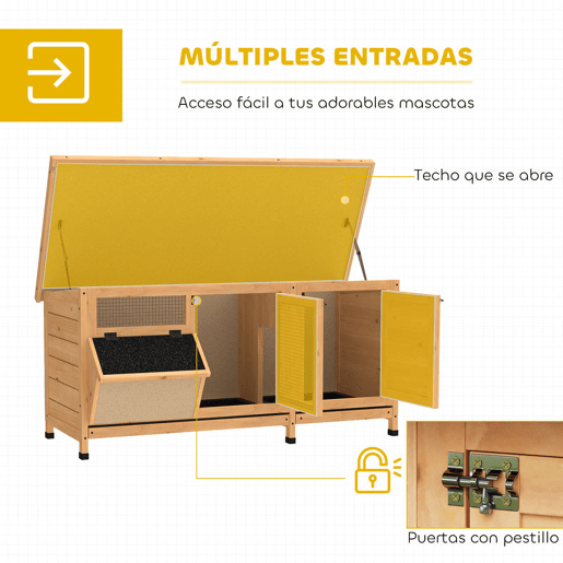 PawHut Coelheira de Madeira Gaiola para Coelhos com Telhado Asfáltico Rebatível Portas com Fecho Bandejas Removíveis e Comedouro Coelheira para Exterior 112x50x54 cm Madeira