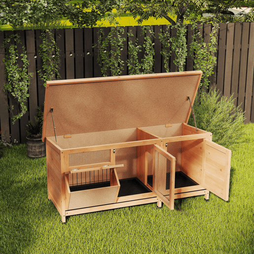 PawHut Coelheira de Madeira Gaiola para Coelhos com Telhado Asfáltico Rebatível Portas com Fecho Bandejas Removíveis e Comedouro Coelheira para Exterior 112x50x54 cm Madeira