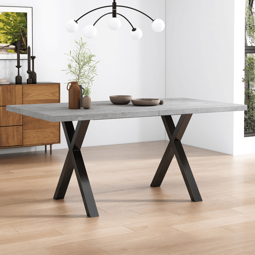 Mesa de jantar 140x80 cm - design moderno com pernas cruzadas - cinza e preto