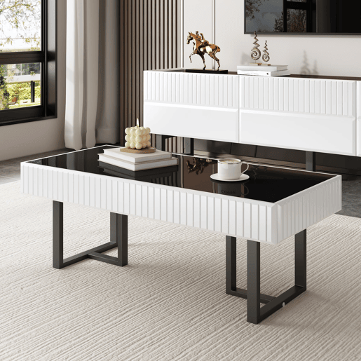 Mesa de centro 110x50,5 cm - estilo clássico, tampo alto brilho - Preto e Branco Mesa de centro 110x50,5 cm - estilo clássico, tampo alto brilho - Preto e Branco