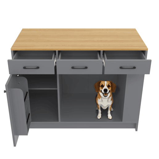 Ilha de cozinha 120x60x90 cm - 3 gavetas, prateleira ajustável, área para animais de estimação - Cinza