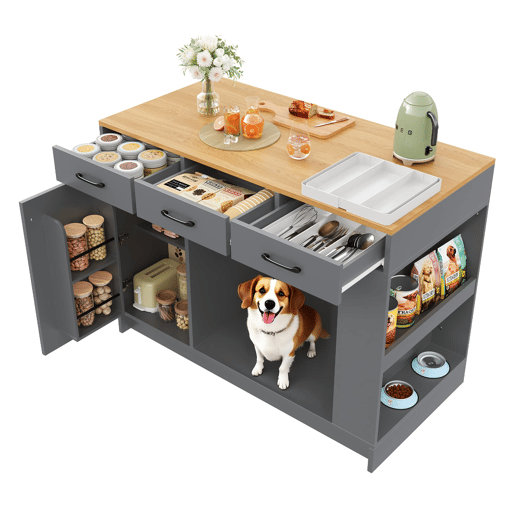 Ilha de cozinha 120x60x90 cm - 3 gavetas, prateleira ajustável, área para animais de estimação - Cinza