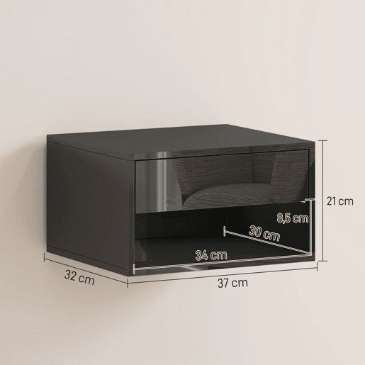 HOMCOM Conjunto de 2 Mesas de Cabeceira Suspensas Mesas de Cabeceira com Gaveta Prateleira Aberta para Quarto Sala 37x32x21 cm Preto Brilhante
