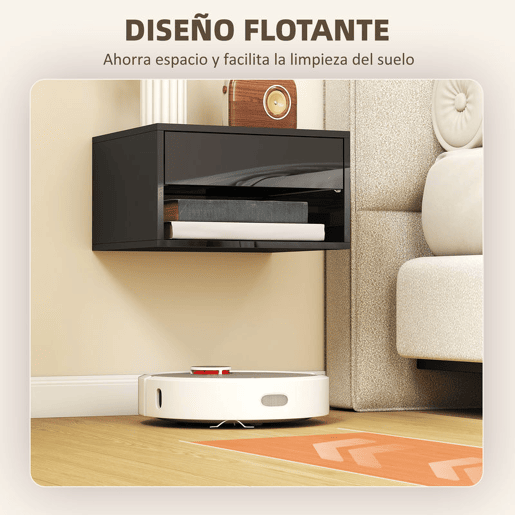 HOMCOM Conjunto de 2 Mesas de Cabeceira Suspensas Mesas de Cabeceira com Gaveta Prateleira Aberta para Quarto Sala 37x32x21 cm Preto Brilhante