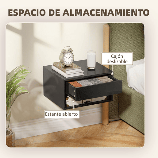HOMCOM Conjunto de 2 Mesas de Cabeceira Suspensas Mesas de Cabeceira com Gaveta Prateleira Aberta para Quarto Sala 37x32x21 cm Preto Brilhante