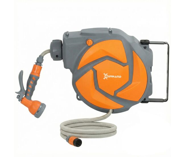 Durhand enrollador de manguera para jardín 10+1 m con boquilla de 7 funciones, carrete de manguera de jardín de pared, giratorio 180°, con retorno enrollado automático, gris oscuro y naranja