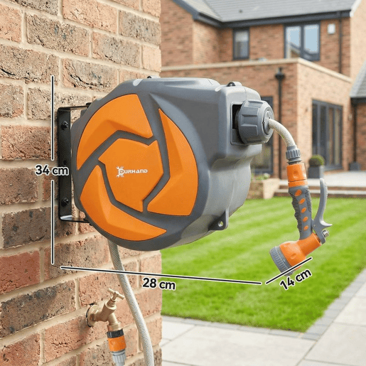 DURHAND Carretel de Mangueira de Jardim 10+1 m com Bocal de 7 Funções, Mangueira Retrátil de Parede, Giratória a 180°, com Retorno Automático, Cinzento Escuro e Laranja DURHAND Carretel de Mangueira de Jardim 10+1 m com Bocal de 7 Funções, Mangueira Retrátil de Parede, Giratória a 180°, com Retorno Automático, Cinzento Escuro e Laranja