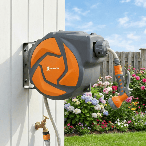 DURHAND Carretel de Mangueira de Jardim 10+1 m com Bocal de 7 Funções, Mangueira Retrátil de Parede, Giratória a 180°, com Retorno Automático, Cinzento Escuro e Laranja DURHAND Carretel de Mangueira de Jardim 10+1 m com Bocal de 7 Funções, Mangueira Retrátil de Parede, Giratória a 180°, com Retorno Automático, Cinzento Escuro e Laranja
