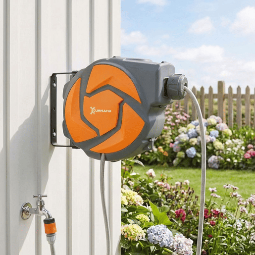 DURHAND Carretel de Mangueira de Jardim 10+1 m com Bocal de 7 Funções, Mangueira Retrátil de Parede, Giratória a 180°, com Retorno Automático, Cinzento Escuro e Laranja DURHAND Carretel de Mangueira de Jardim 10+1 m com Bocal de 7 Funções, Mangueira Retrátil de Parede, Giratória a 180°, com Retorno Automático, Cinzento Escuro e Laranja