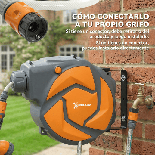DURHAND Carretel de Mangueira de Jardim 10+1 m com Bocal de 7 Funções, Mangueira Retrátil de Parede, Giratória a 180°, com Retorno Automático, Cinzento Escuro e Laranja DURHAND Carretel de Mangueira de Jardim 10+1 m com Bocal de 7 Funções, Mangueira Retrátil de Parede, Giratória a 180°, com Retorno Automático, Cinzento Escuro e Laranja