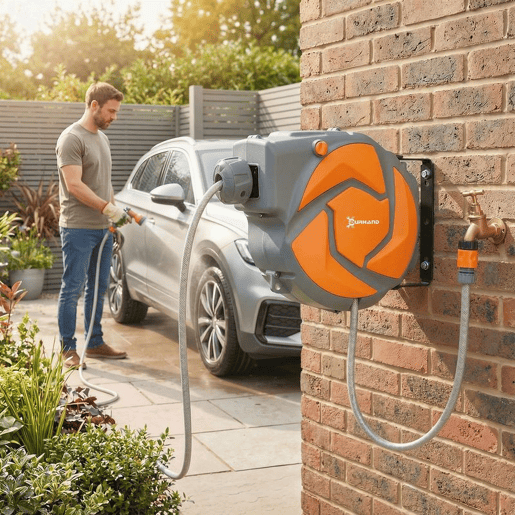 DURHAND Carretel de Mangueira de Jardim 10+1 m com Bocal de 7 Funções, Mangueira Retrátil de Parede, Giratória a 180°, com Retorno Automático, Cinzento Escuro e Laranja DURHAND Carretel de Mangueira de Jardim 10+1 m com Bocal de 7 Funções, Mangueira Retrátil de Parede, Giratória a 180°, com Retorno Automático, Cinzento Escuro e Laranja