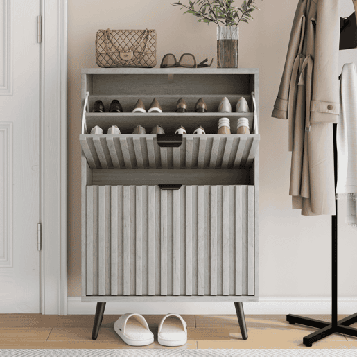 Sapateira oculta 60 cm - 2 gavetas rebatíveis, design ranhurado, para entrada e sala - Cinza