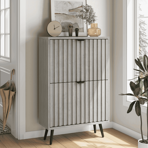 Sapateira oculta 60 cm - 2 gavetas rebatíveis, design ranhurado, para entrada e sala - Cinza