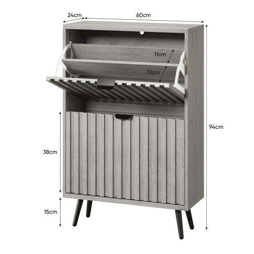 Sapateira oculta 60 cm - 2 gavetas rebatíveis, design ranhurado, para entrada e sala - Cinza