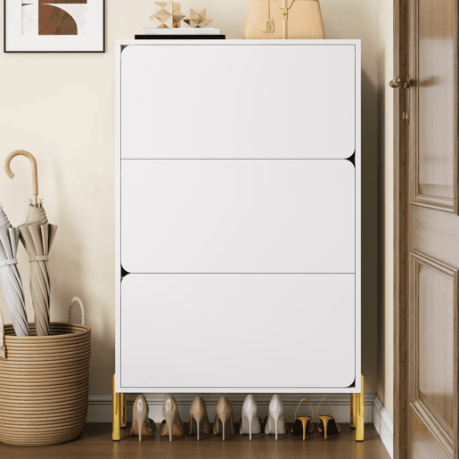 Sapateira moderna com 3 portas - Grande capacidade, pés dourados, estilo prático - Branco