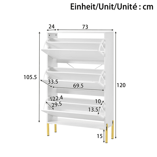 Sapateira moderna com 3 portas - Grande capacidade, pés dourados, estilo prático - Branco