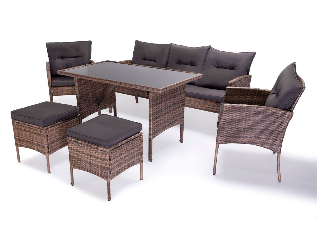 Sofa + mesa + 2 sillones + 2 pufs ratan pe. muebles de jardin y terraza sebas, ratan marron