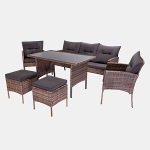 Sofá + Mesa + 2 Poltronas + 2 Pufes de Rattan PE. Móveis de Jardim e Terraço Sebas, Ratan Marrom