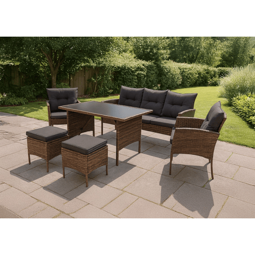 Sofá + Mesa + 2 Poltronas + 2 Pufes de Rattan PE. Móveis de Jardim e Terraço Sebas, Ratan Marrom
