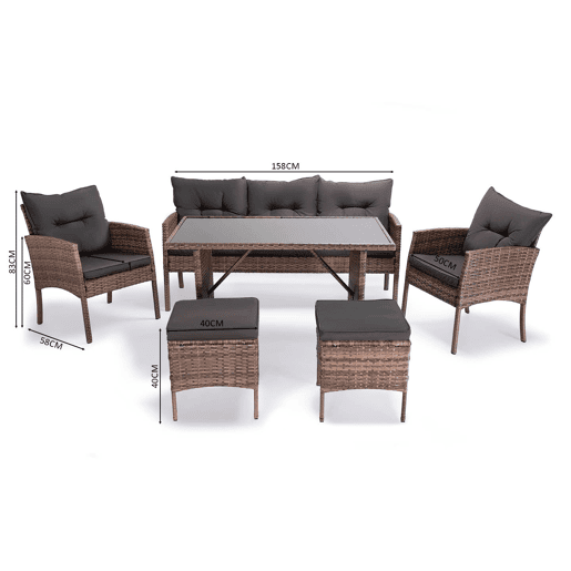 Sofá + Mesa + 2 Poltronas + 2 Pufes de Rattan PE. Móveis de Jardim e Terraço Sebas, Ratan Marrom