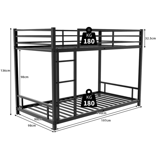 Beliche metálico com 2 camas individuais - Metal sólido, silencioso, grade de segurança - Preto