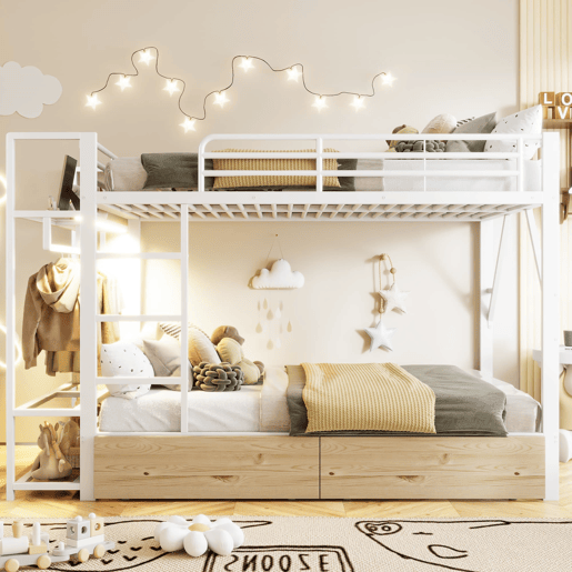 Beliche 140x200 cm - 2 gavetas, prateleiras, LED, barra para roupa - Branco