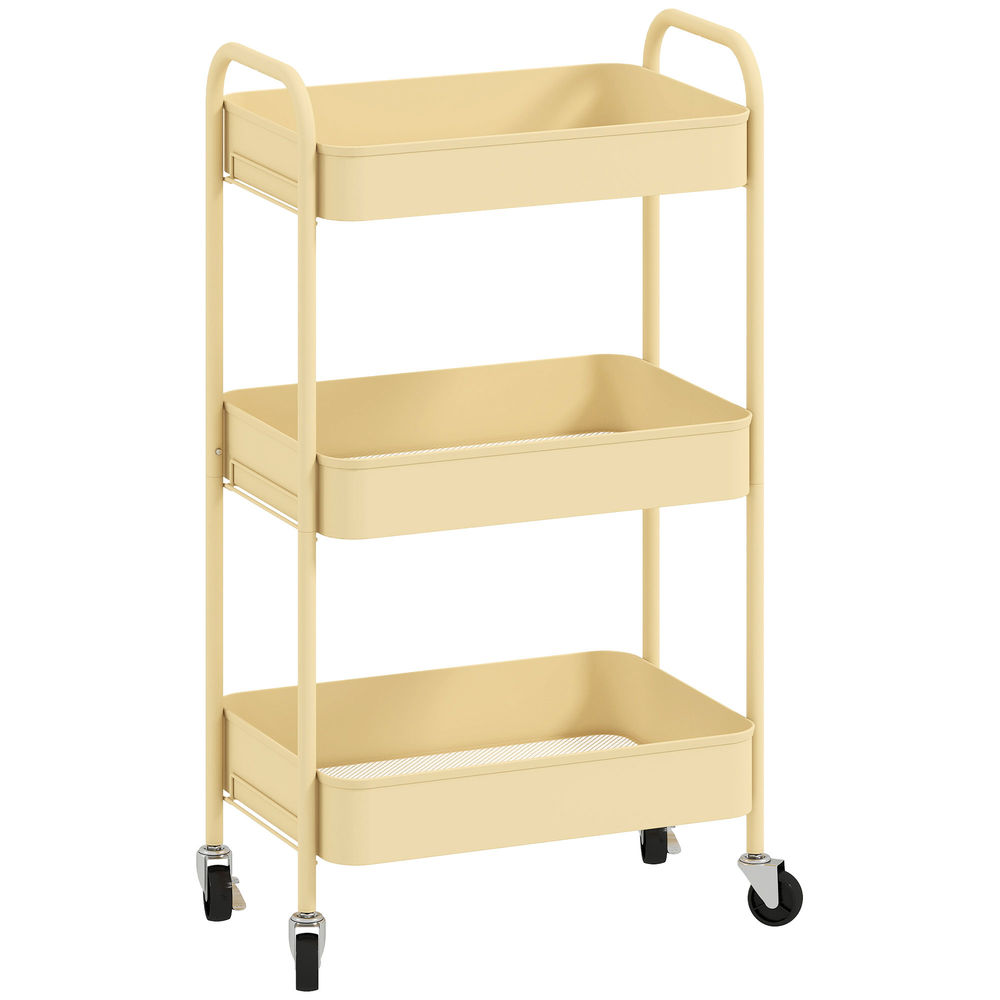 Homcom carrito auxiliar con ruedas de 3 niveles, carrito de cocina con 3 cestas y 2 asas, para baño, dormitorio, oficina, 45x30,6x79 cm, amarillo