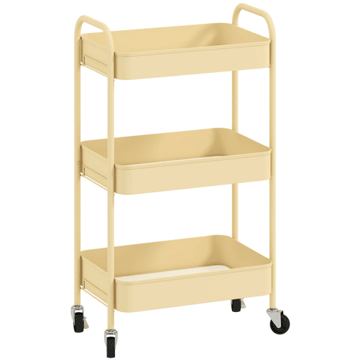 HOMCOM Carrinho Auxiliar com Rodas de 3 Níveis Carrinho de Cozinha com 3 Cestos e 2 Pegas para Casa de Banho Quarto Escritório 45x30,6x79 cm Amarelo