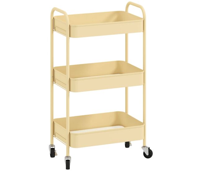 Homcom carrito auxiliar con ruedas de 3 niveles, carrito de cocina con 3 cestas y 2 asas, para baño, dormitorio, oficina, 45x30,6x79 cm, amarillo