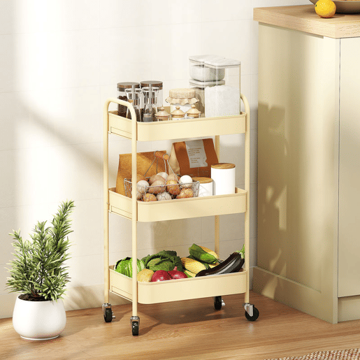 HOMCOM Carrinho Auxiliar com Rodas de 3 Níveis Carrinho de Cozinha com 3 Cestos e 2 Pegas para Casa de Banho Quarto Escritório 45x30,6x79 cm Amarelo