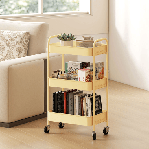 HOMCOM Carrinho Auxiliar com Rodas de 3 Níveis Carrinho de Cozinha com 3 Cestos e 2 Pegas para Casa de Banho Quarto Escritório 45x30,6x79 cm Amarelo