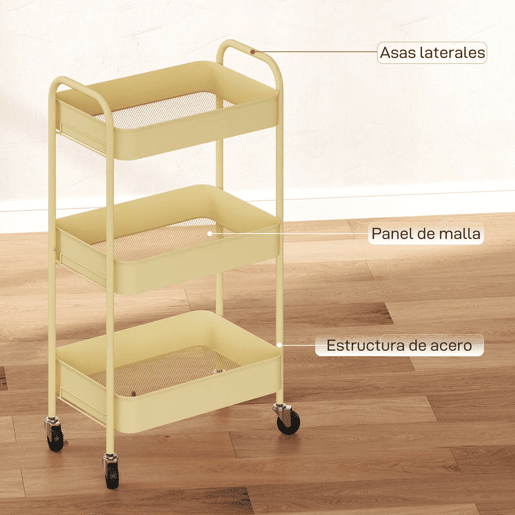HOMCOM Carrinho Auxiliar com Rodas de 3 Níveis Carrinho de Cozinha com 3 Cestos e 2 Pegas para Casa de Banho Quarto Escritório 45x30,6x79 cm Amarelo