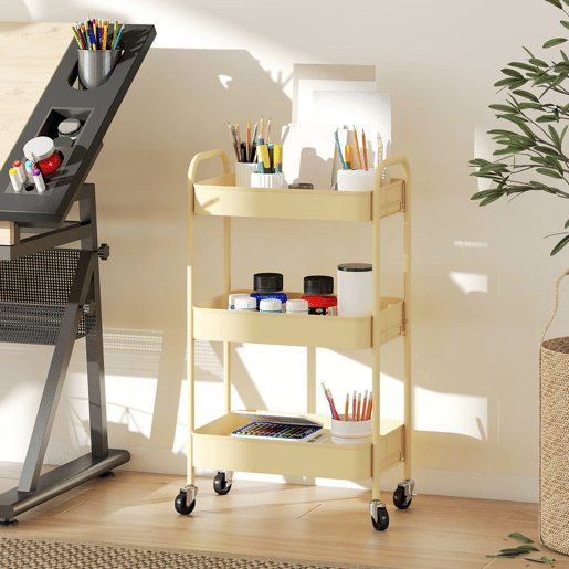 HOMCOM Carrinho Auxiliar com Rodas de 3 Níveis Carrinho de Cozinha com 3 Cestos e 2 Pegas para Casa de Banho Quarto Escritório 45x30,6x79 cm Amarelo