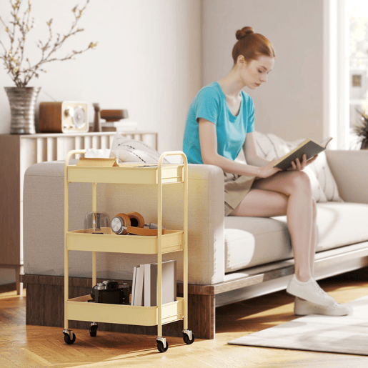 HOMCOM Carrinho Auxiliar com Rodas de 3 Níveis Carrinho de Cozinha com 3 Cestos e 2 Pegas para Casa de Banho Quarto Escritório 45x30,6x79 cm Amarelo