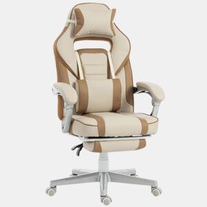 HOMCOM Cadeira Gaming Reclinável com Altura Ajustável, Apoio para Pés Retrátil, Suporte Lombar e Almofada de Cabeça para Escritório ou Estúdio - Creme