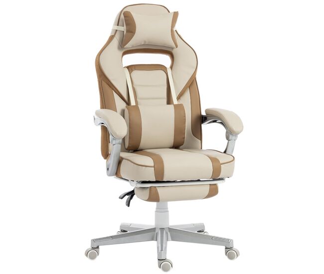 Homcom silla gaming, silla gamer reclinable, con altura ajustable, reposapiés retráctil, soporte lumbar y reposacabezas desmontable, para oficina, estudio, crema